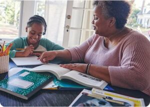 Mother and her chils doing homework together at home